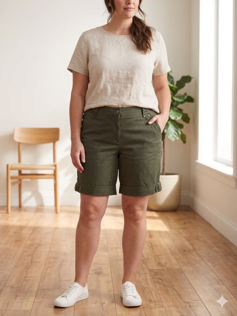 Women’s Olive Green Bermuda Shorts with Turn-Cuff Detail